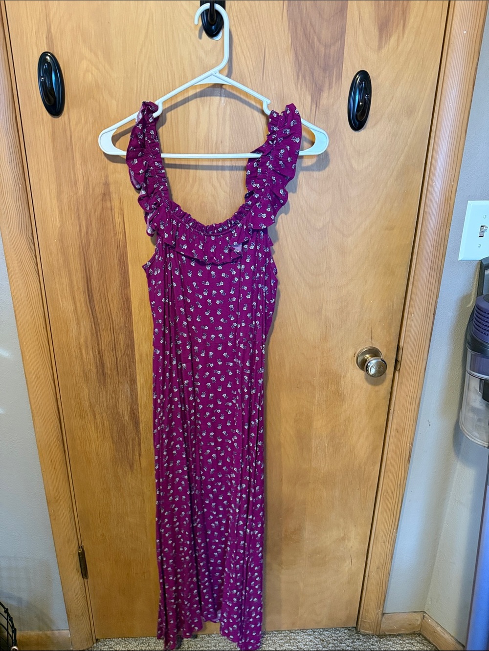 LOFT Raspberry Floral Ruffle-Shoulder Maxi Dress